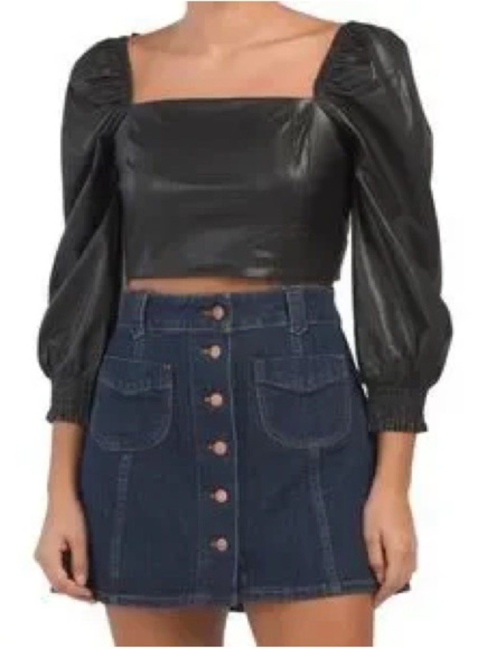 7 For All Mankind Black Faux Leather Square-Neck Puff-Sleeve Crop Top (XS)